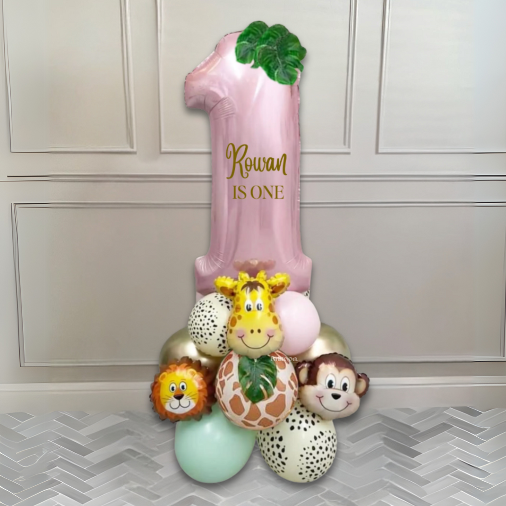 DIY Pink Safari Balloon Tower | Jungle Balloons | Animal Characters |Cute Safari Animal Balloon | 1st birthday| Number Balloon| Pink Safari